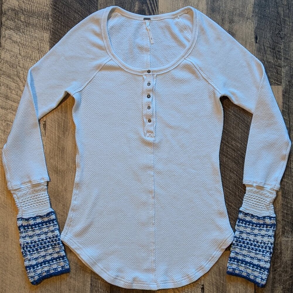 Free People Ski Lodge Henley Shirt Thermal Waffle Knit Crochet Cuffs - Picture 2 of 7